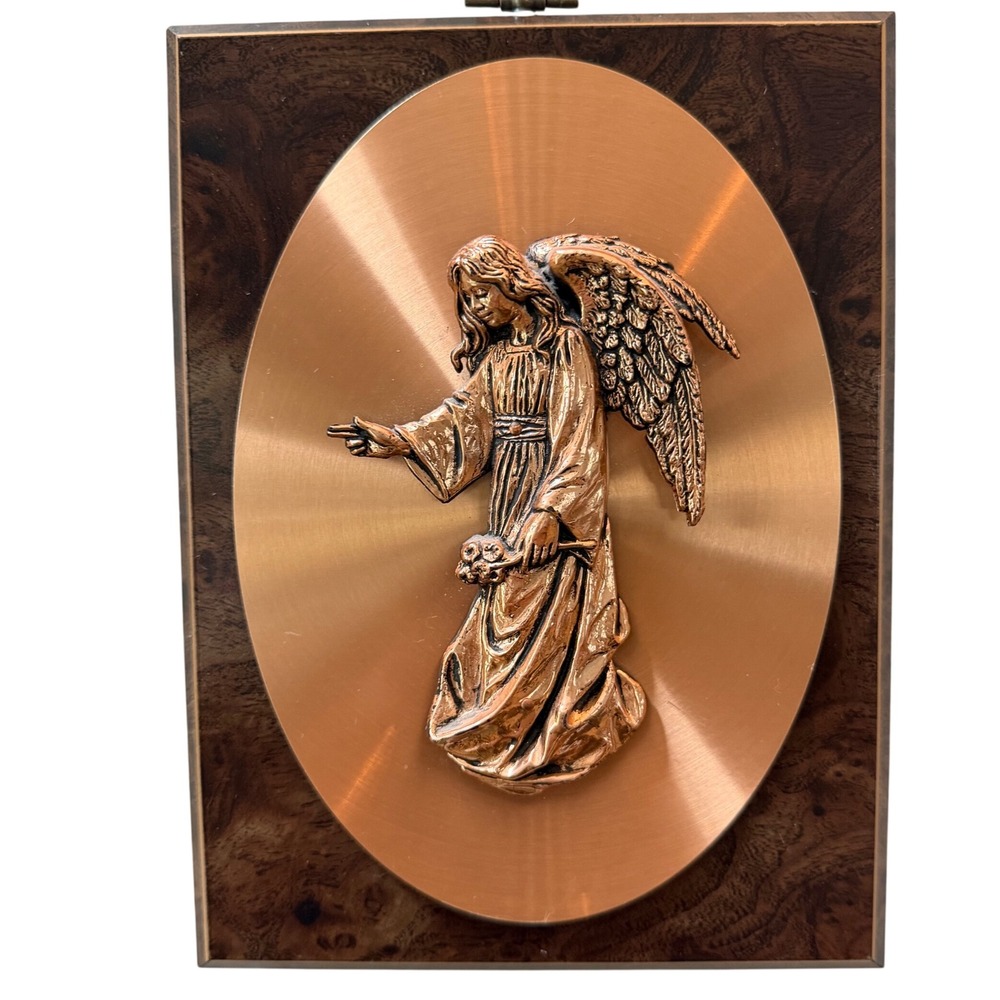 Vintage A&F Canada Guardian Angel Wall Plaque Copper 3D Relief Burl Wood 8"